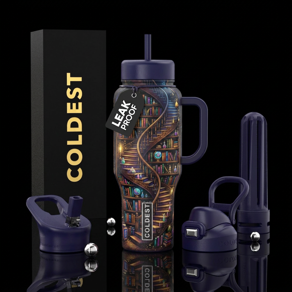 Bookcase stairs filled with books, mystical, whims... water bottle design