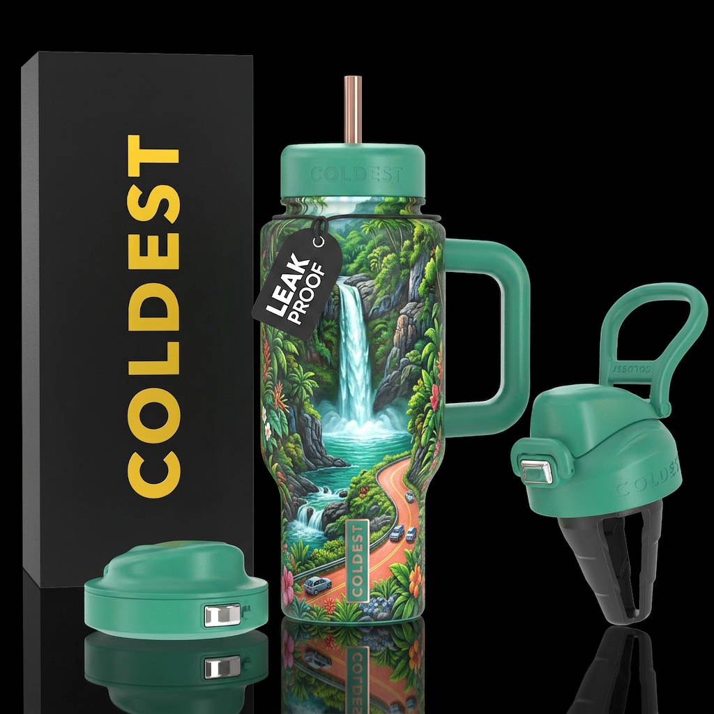 Road to Hana, waterfall, modern, vibrant, realisti... water bottle design