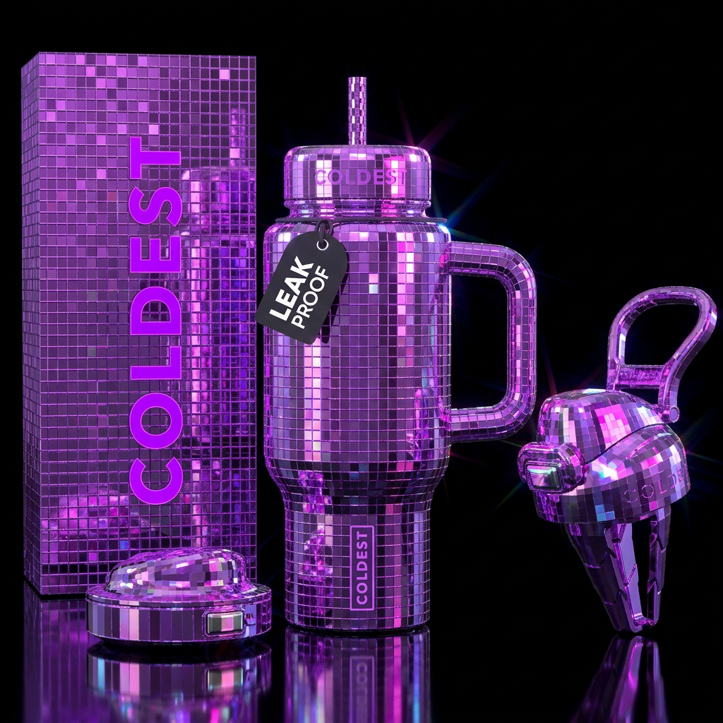 Purple mirror ball, sparkly, electric, disco, mode... water bottle design