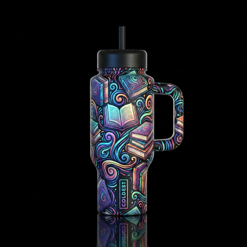 Books, swirls, modern, beautiul, glowie water bottle design