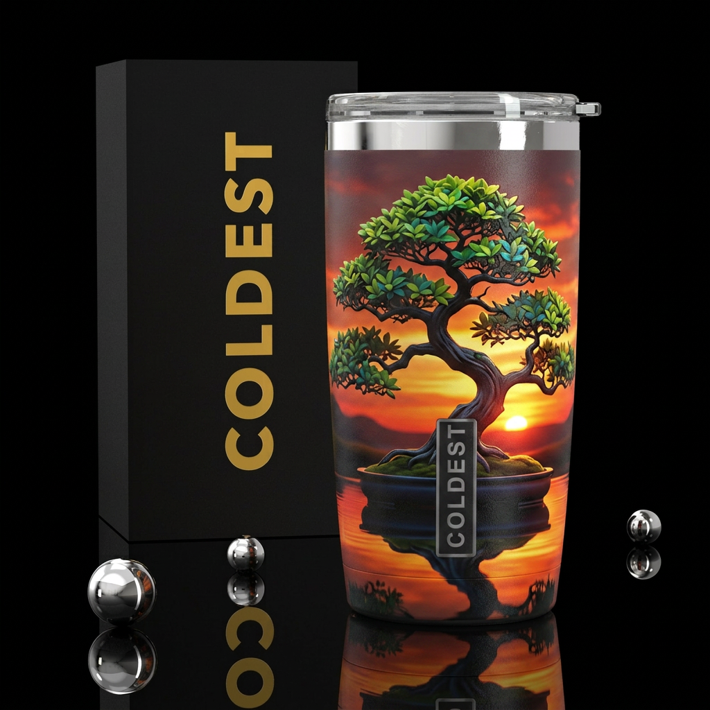 Beautiful bonsai tree, modern, sunset in the backg... water bottle design