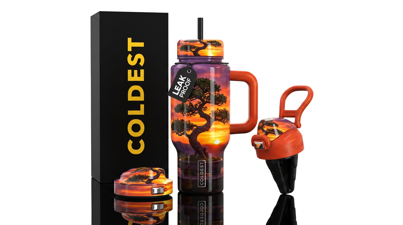Beautiful bonsai tree, modern, sunset in the backg... water bottle design