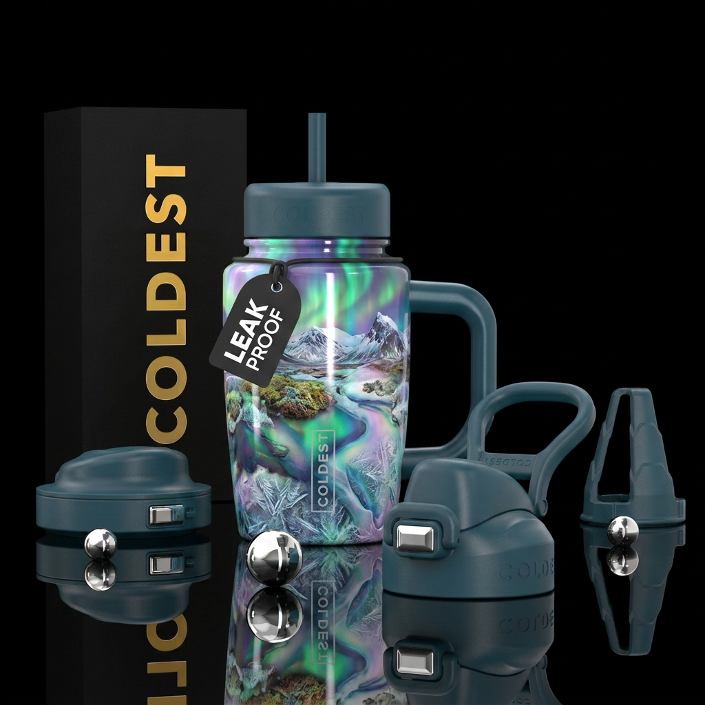 Beautiful tundra scene, modern, irridescent, vibra... water bottle design