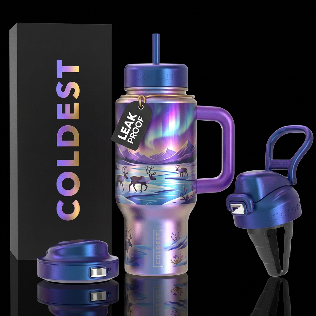 Beautiful tundra scene, modern, irridescent, vibra... water bottle design