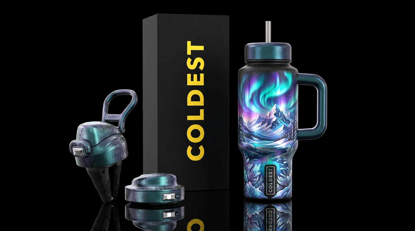 Beautiful tundra scene, modern, irridescent, vibra... water bottle design