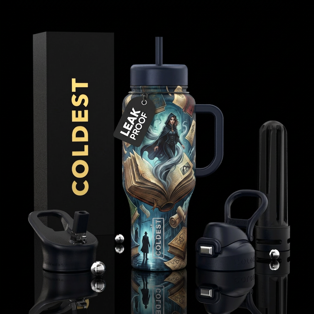 Thriller book character floating out of large open... water bottle design