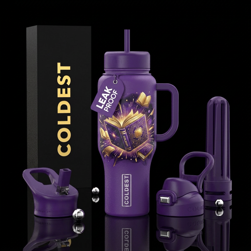 Purple bottle, explosion of golden books, sci-fi, ... water bottle design