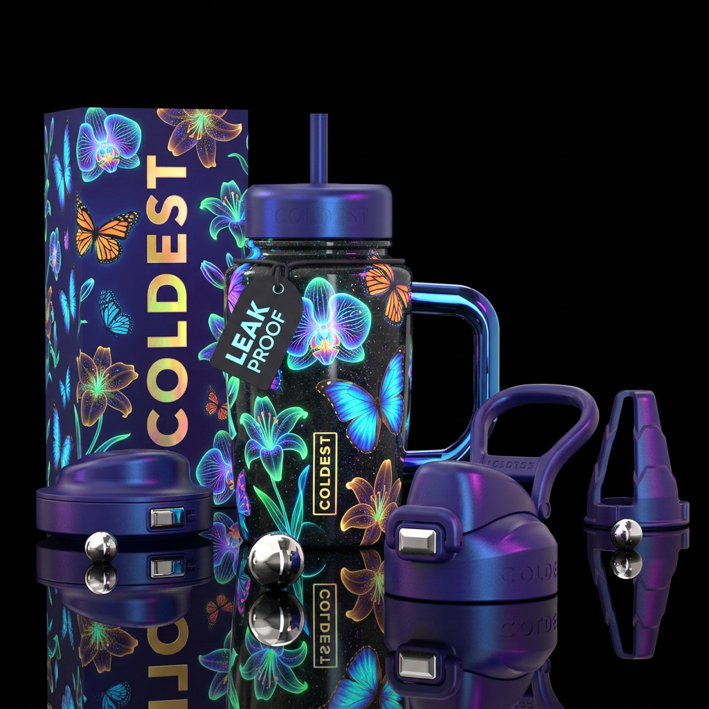 Glowie bottle that’s fluorescent flowers and butte... water bottle design