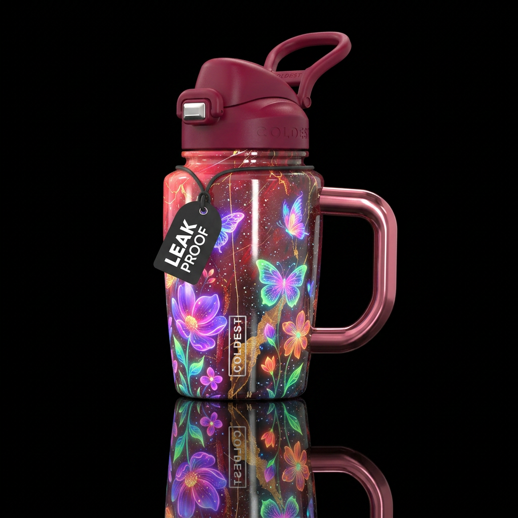Glowie bottle that’s fluorescent flowers and butte... water bottle design