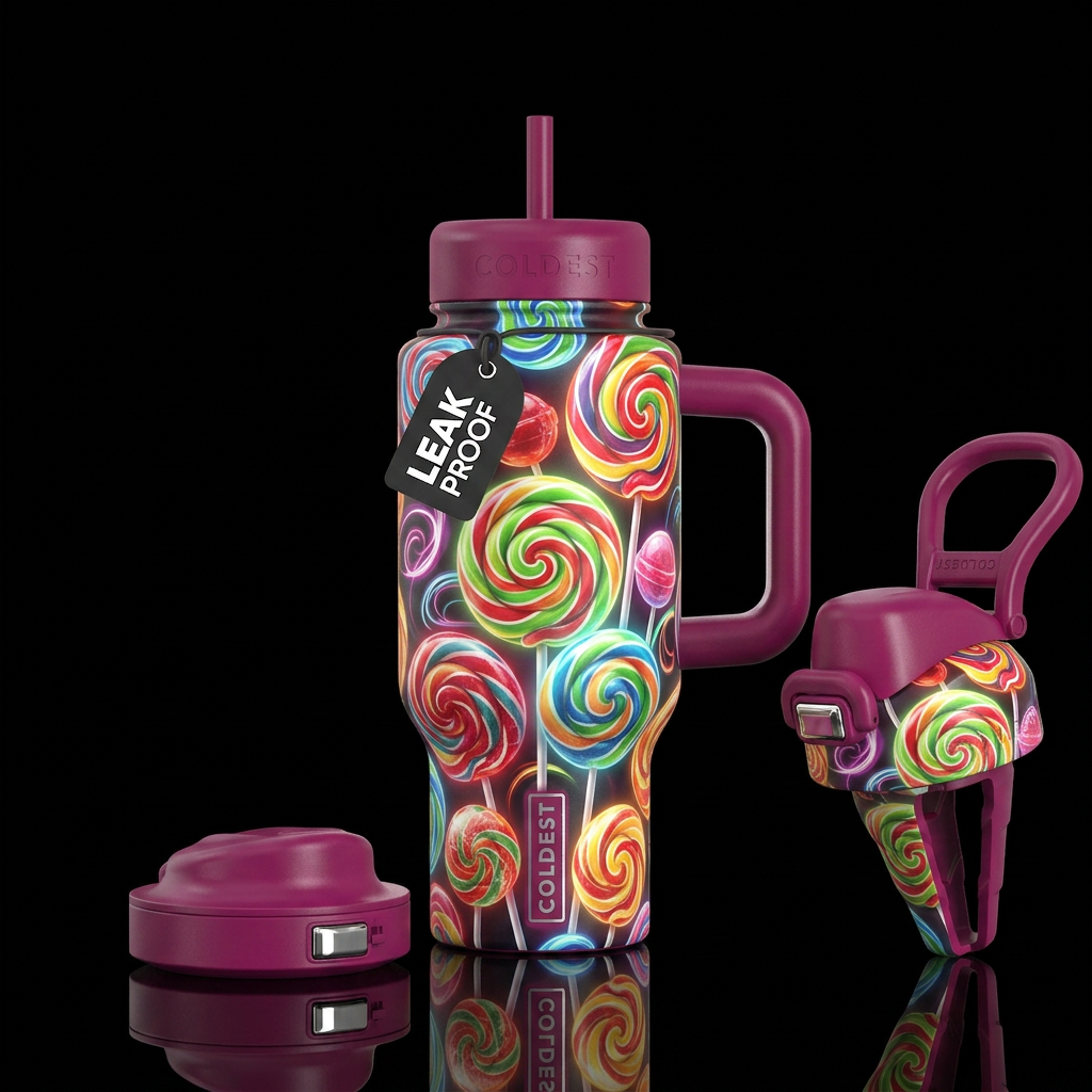 Lollipops of various sizes and colors, swirls, mod... water bottle design
