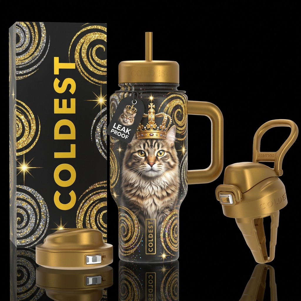 A fluffy cat wearing a beautiful golden crown, gli... water bottle design