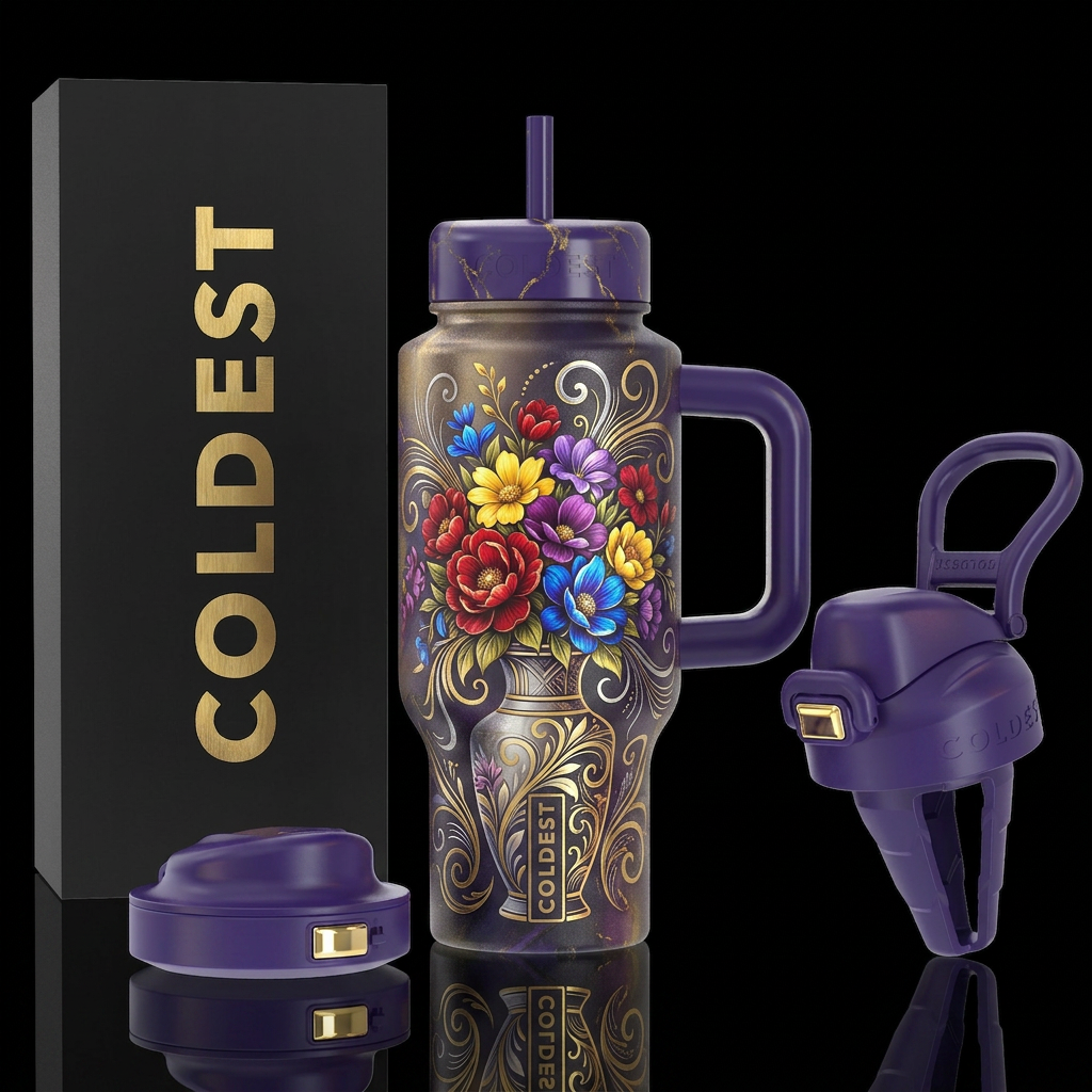 Swirls, Boldly colored flowers in a beautiful vase... water bottle design