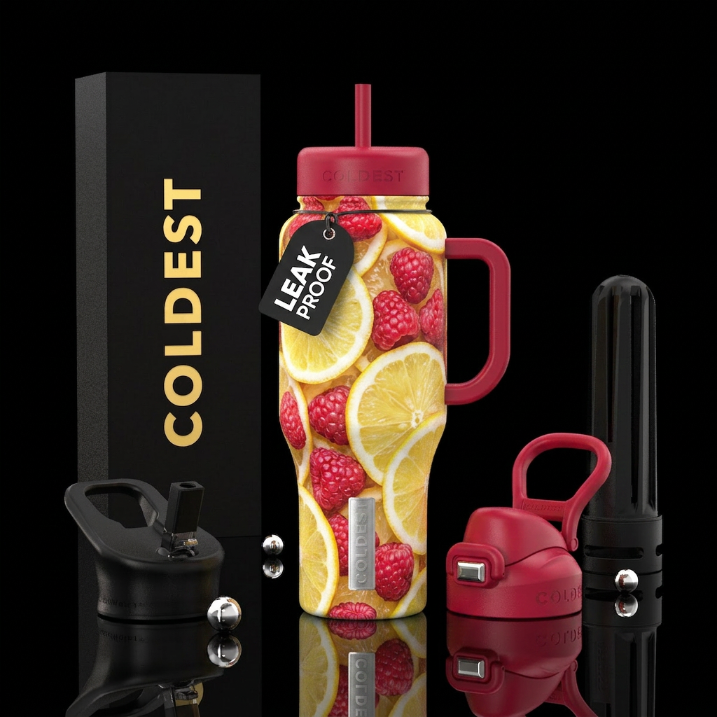 Lemon slices, raspberries, beautiul, modern water bottle design