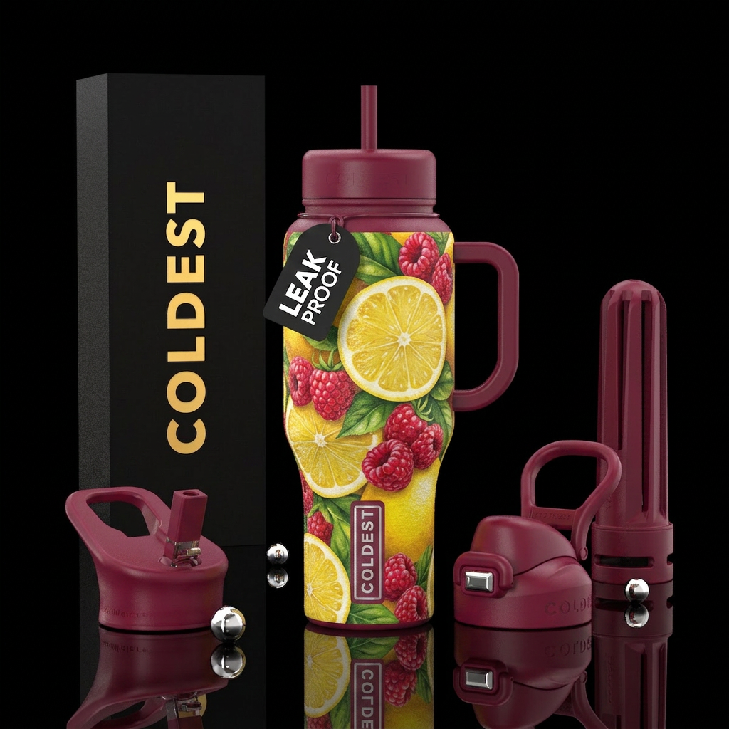 Lemon slices, raspberries, beautiul, modern water bottle design