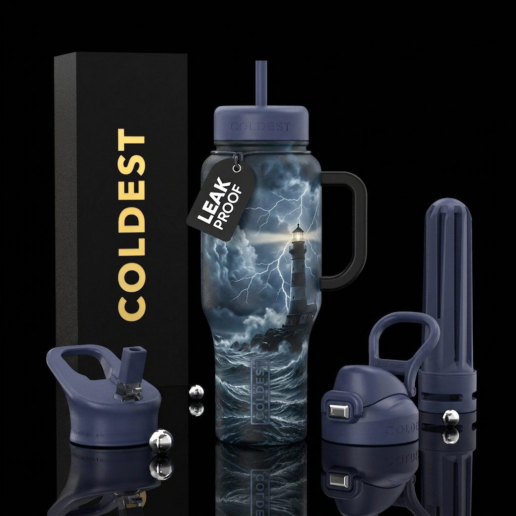 Stormy lighthouse with lightening water bottle design