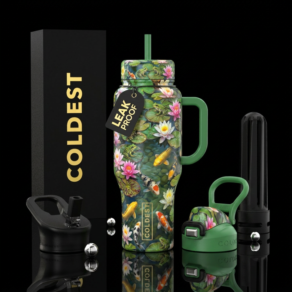 Frogs Lily pond with koi fish water bottle design