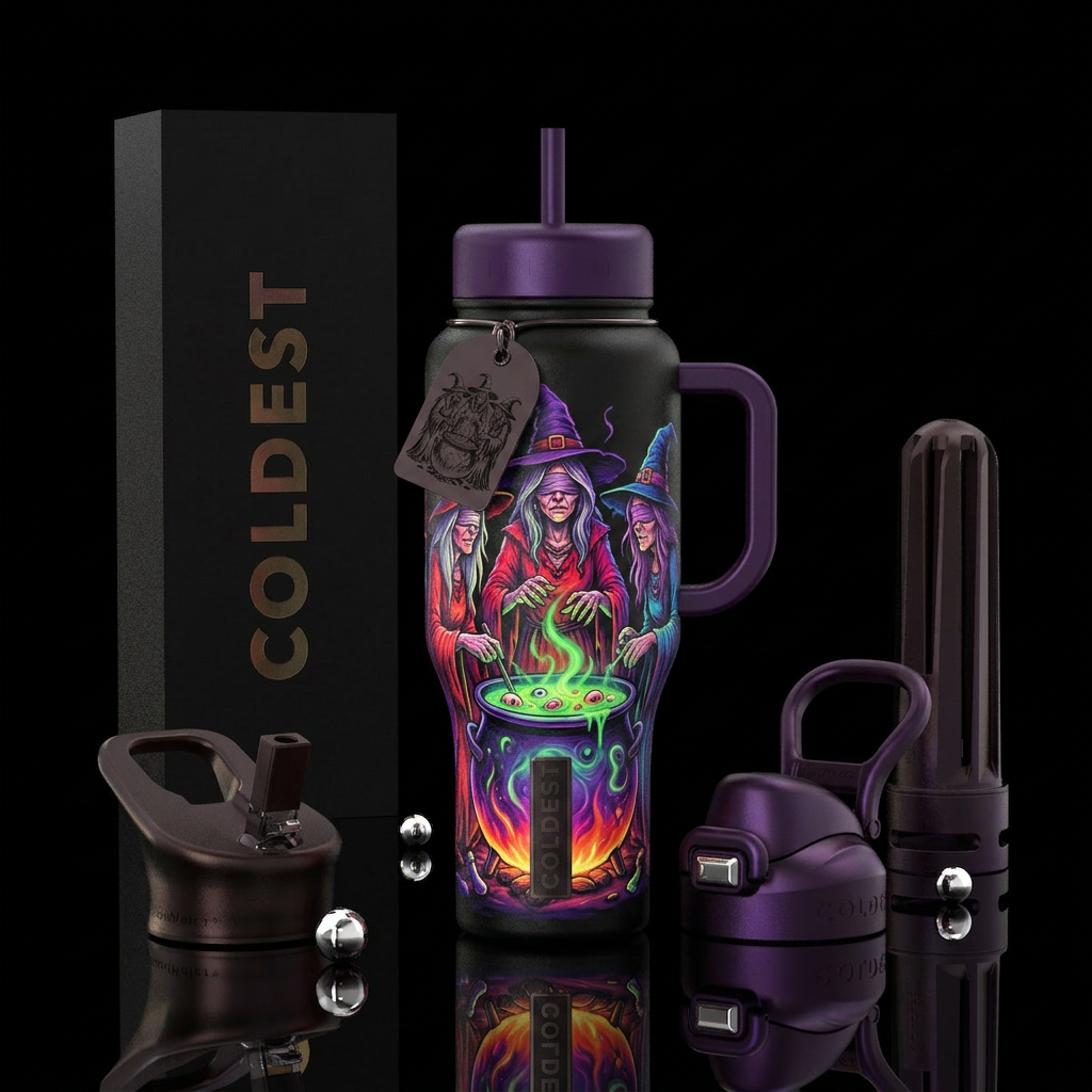 3 blind witches with a cauldron water bottle design