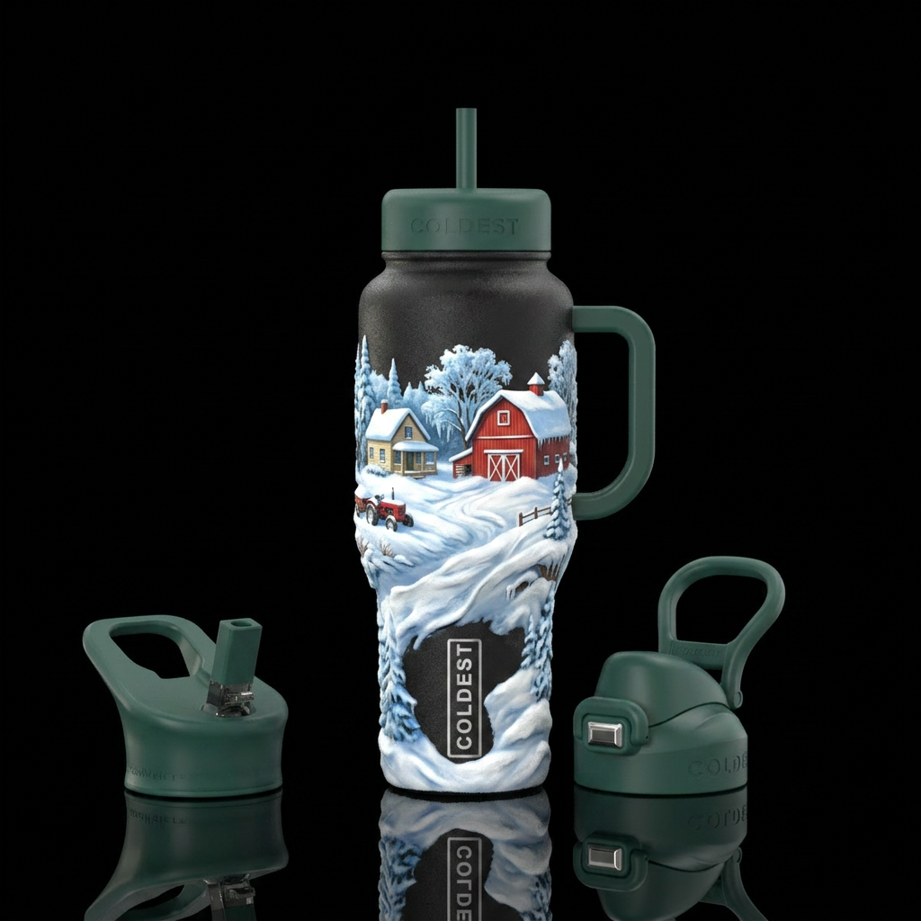 Snow covered farm with snowdrifts water bottle design