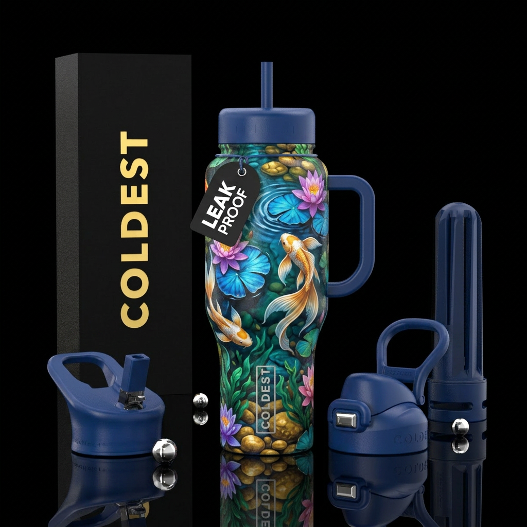 Koi pond with angel koi fish water bottle design