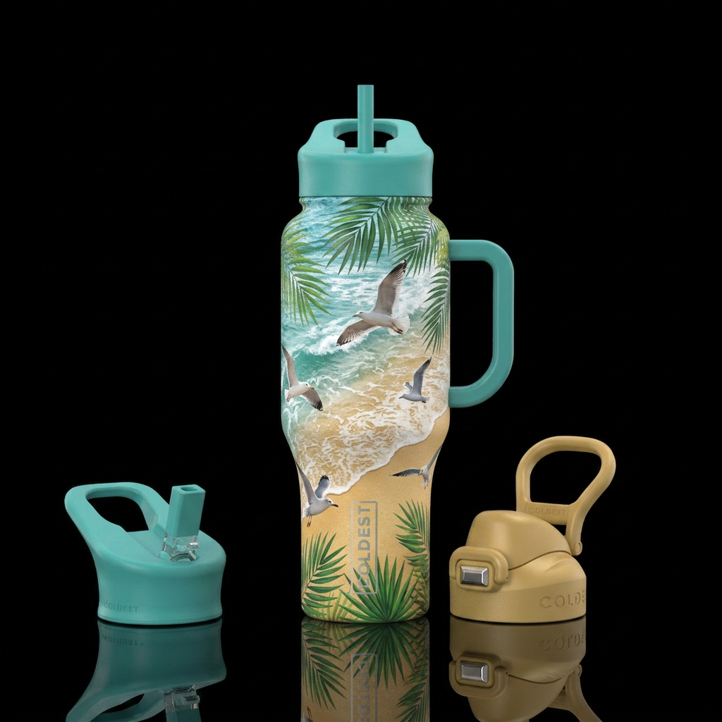 Beach with leaves and sea gulls water bottle design