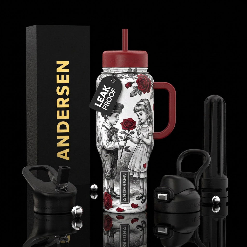 Anderson little boy and girl in black and white wi... water bottle design
