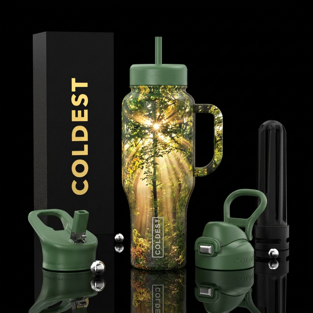Forest with sun rays breaking through water bottle design