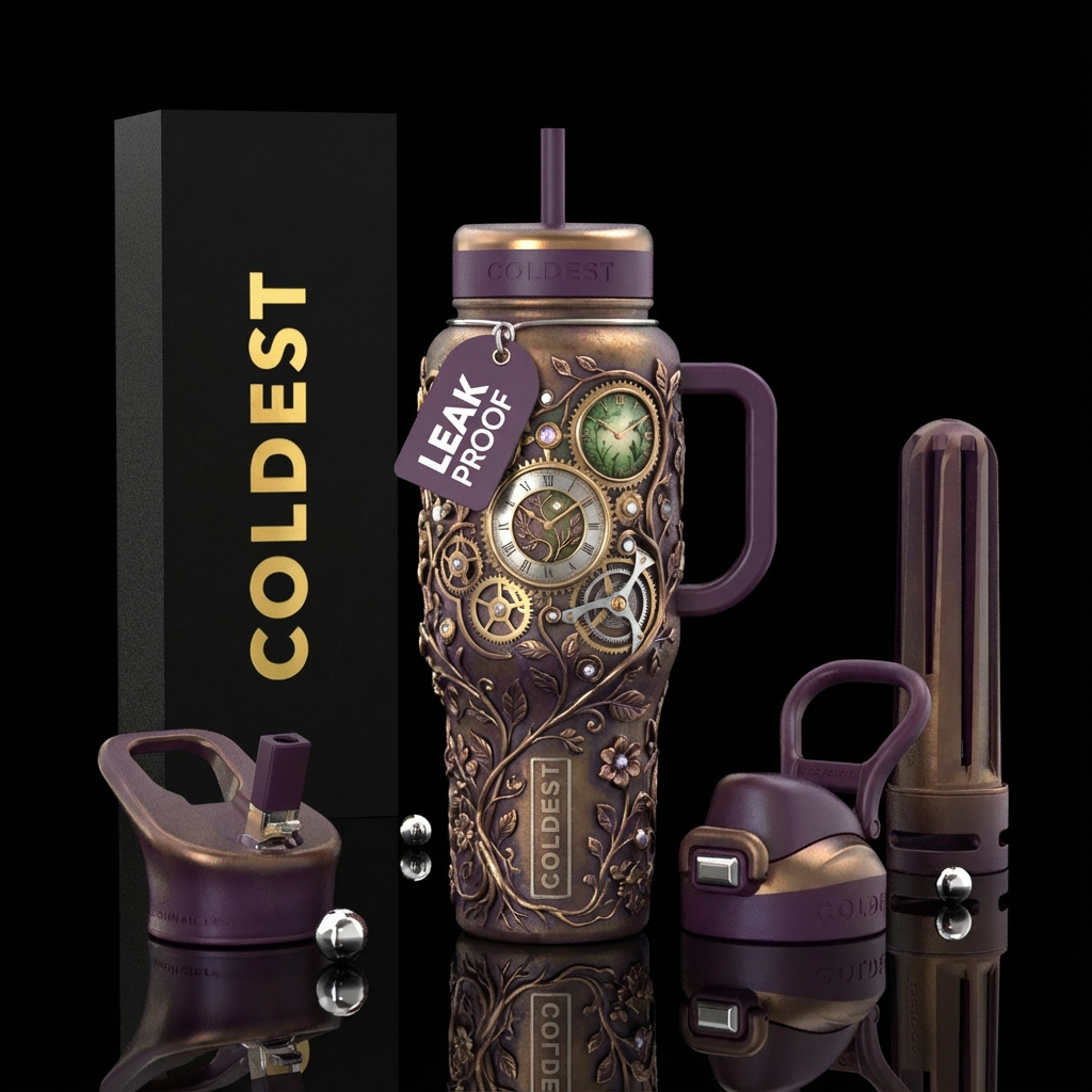 A detailed gold and silver clockwork scene with a ... water bottle design
