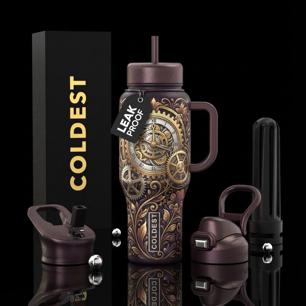 A detailed gold and silver clockwork scene with a ... water bottle design