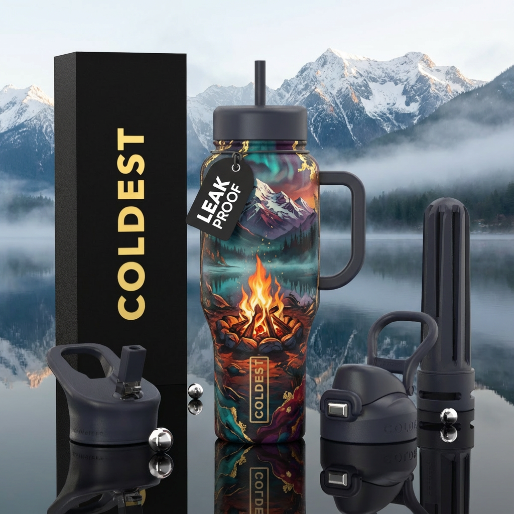 Rustic fire in some fog near the mountains and a l... water bottle design