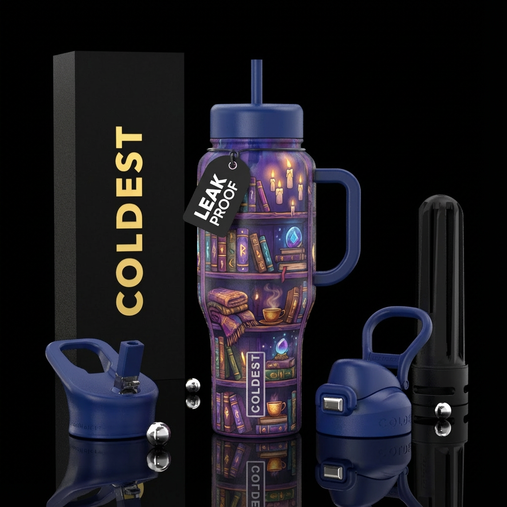 Bookshelf covered in magic and comfort water bottle design