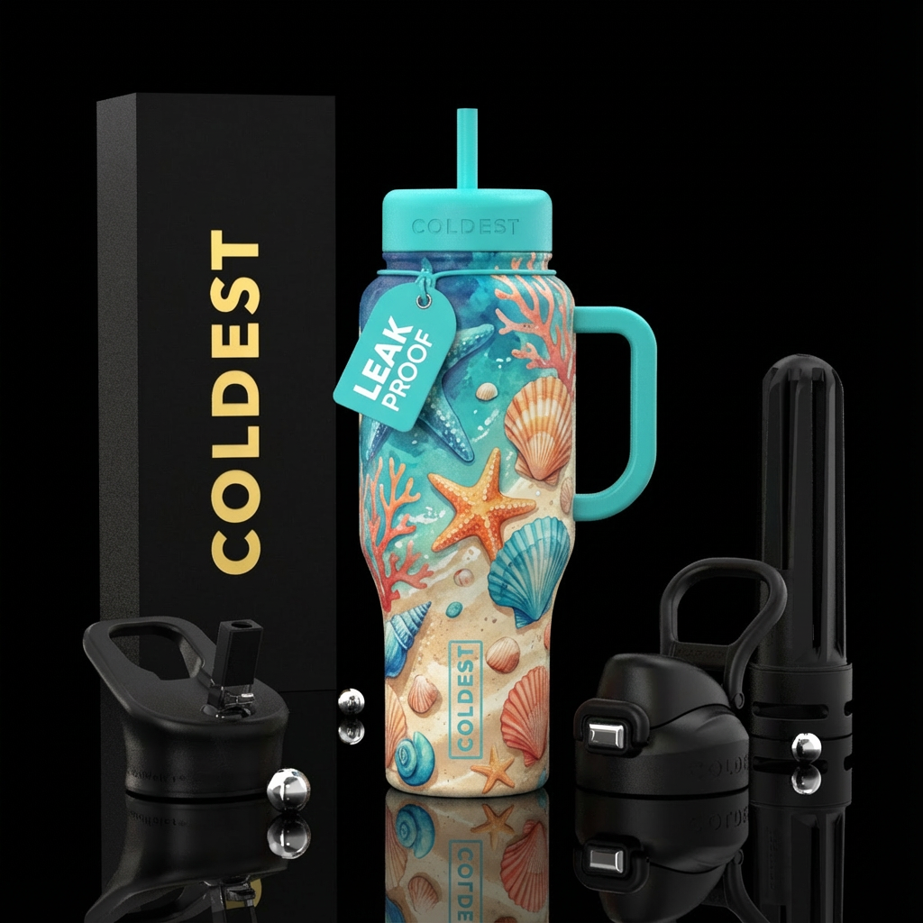 Tropical sand and seashells water bottle design