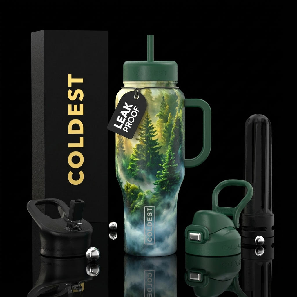 Low fog beneath pine trees during the summer time water bottle design