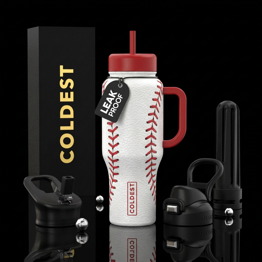 White bottle with red stitching like a baseball water bottle design