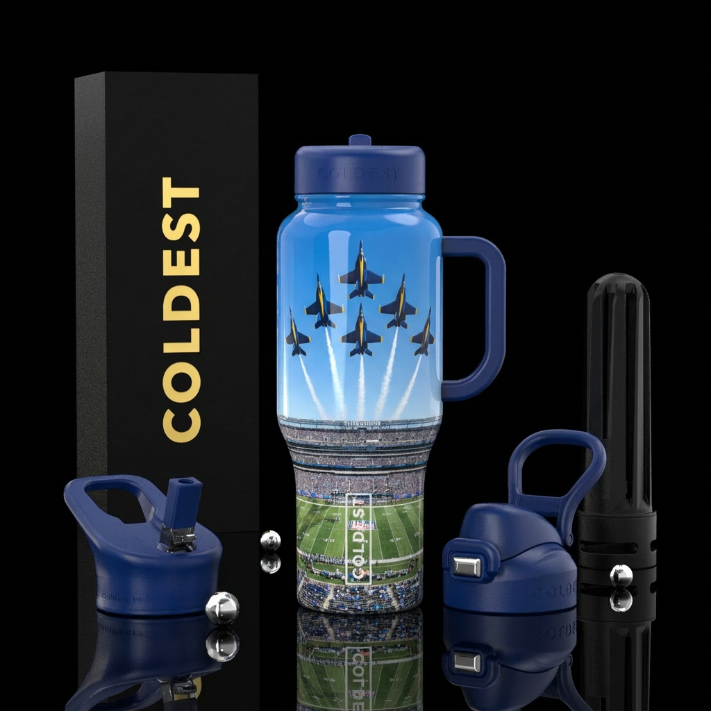 A scene of the blue angel jets flying over a footb... water bottle design