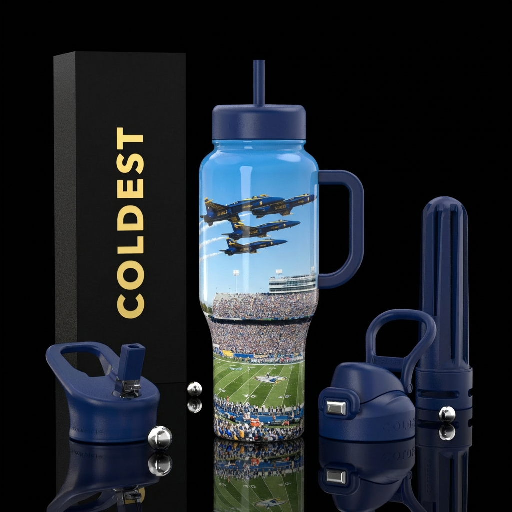 A scene of the blue angel jets flying over a footb... water bottle design