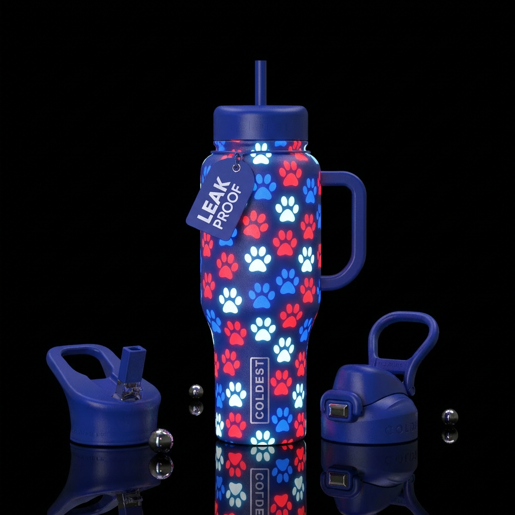 Red white and blue glowie paws water bottle design