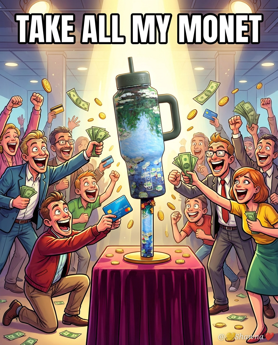 A bunch of people throwing money and credit cards ... water bottle design
