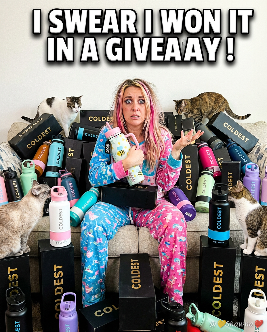 A cat lady with pink and blonde wearing blue and p... water bottle design