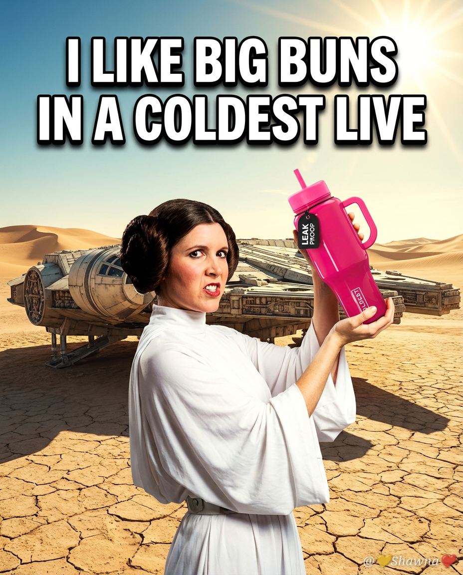A bottle being held by Princess Leia in front of a... water bottle design