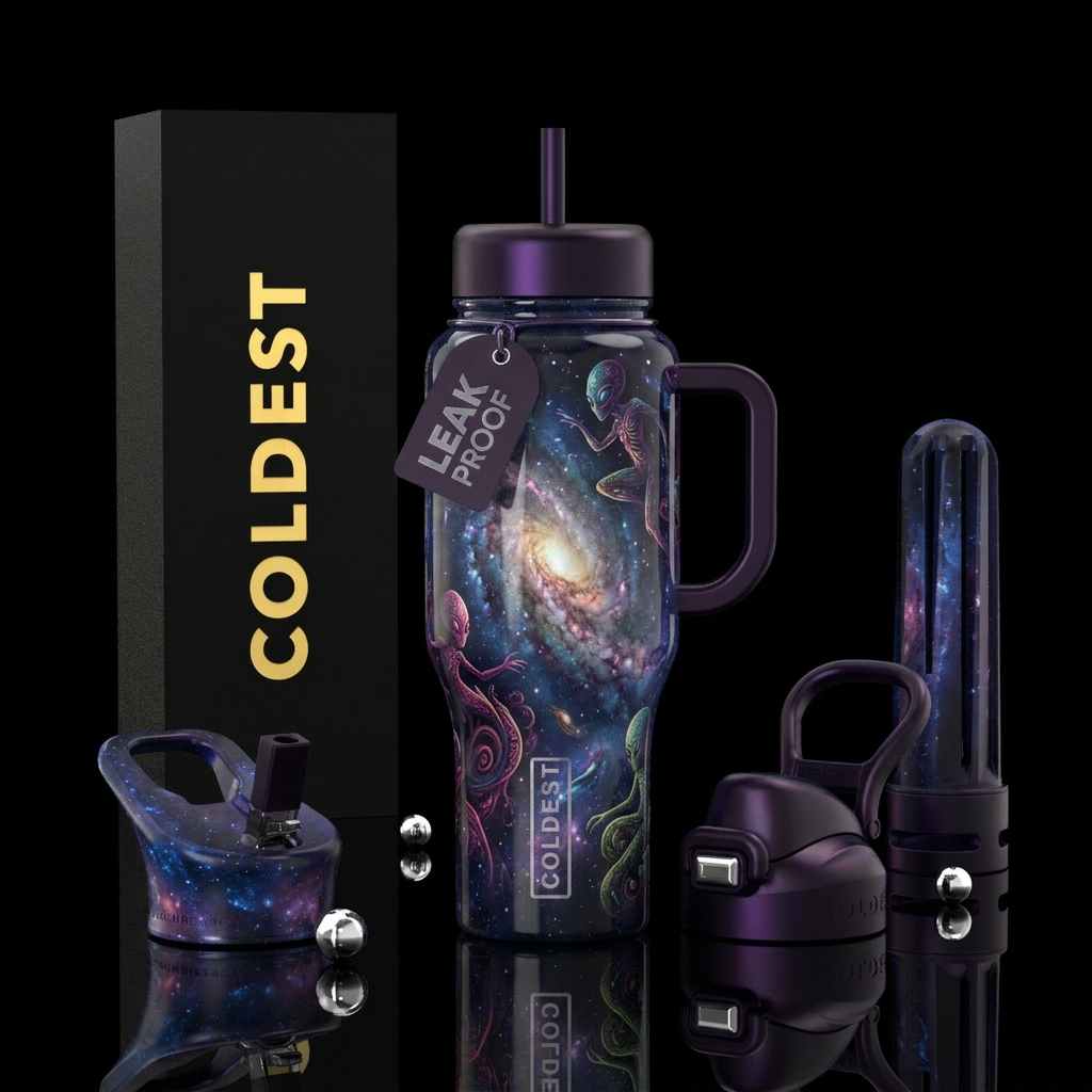 Glowy aliens escaping through the milky way swirli... water bottle design