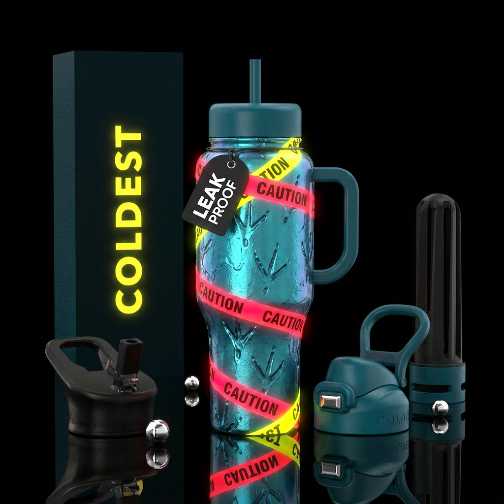 Bright neon red and yellow glowie police tape in f... water bottle design