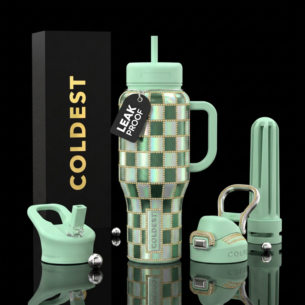 Pale green iridescent checkered with a dark green,... water bottle design