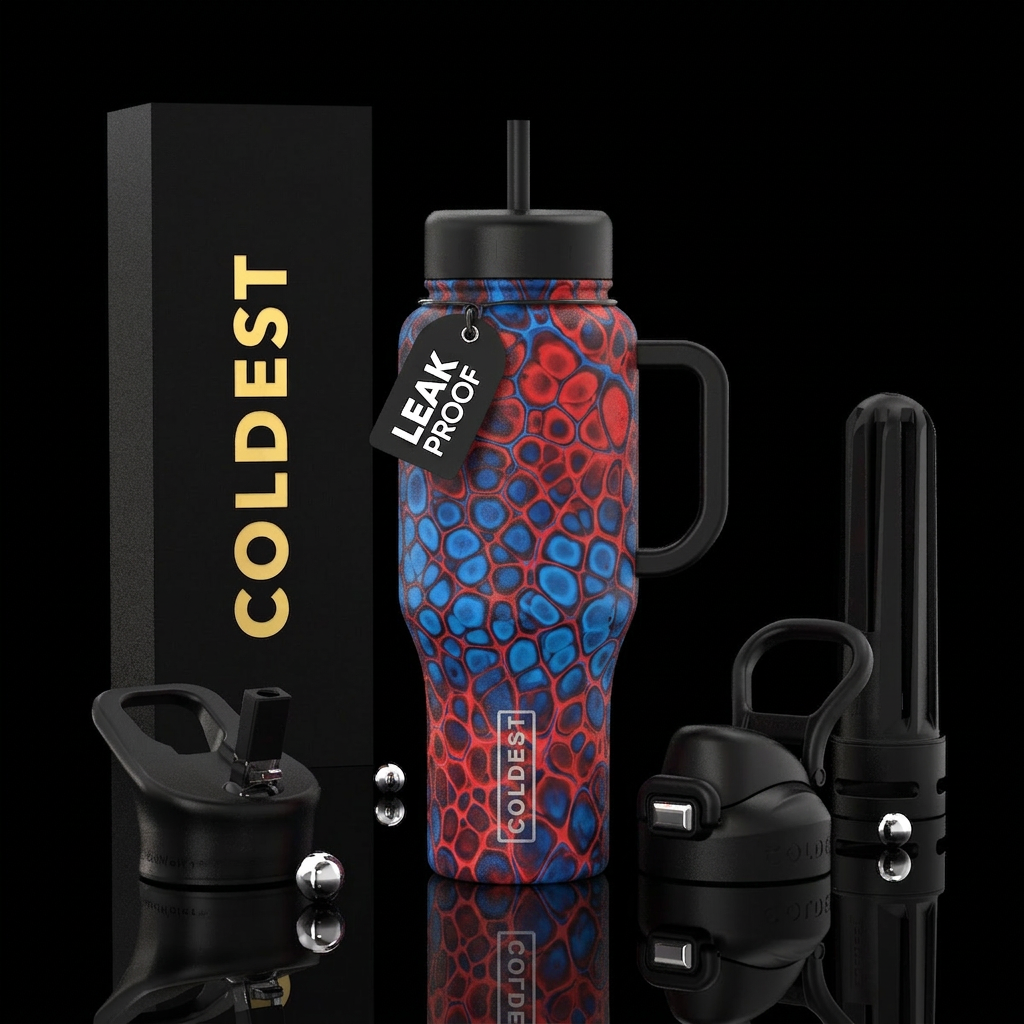 A red and blue cellular design on a black bottle water bottle design