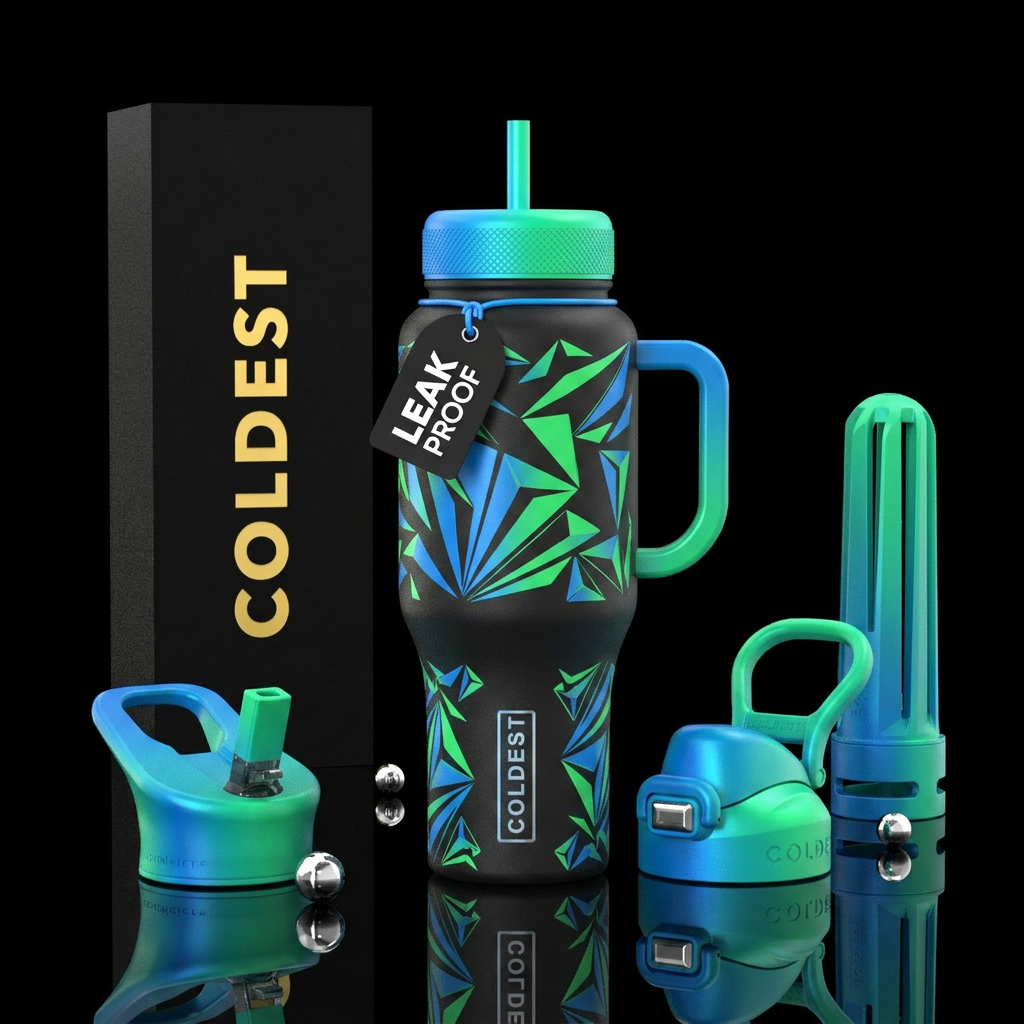 Black bottle with electric blue and electric green... water bottle design