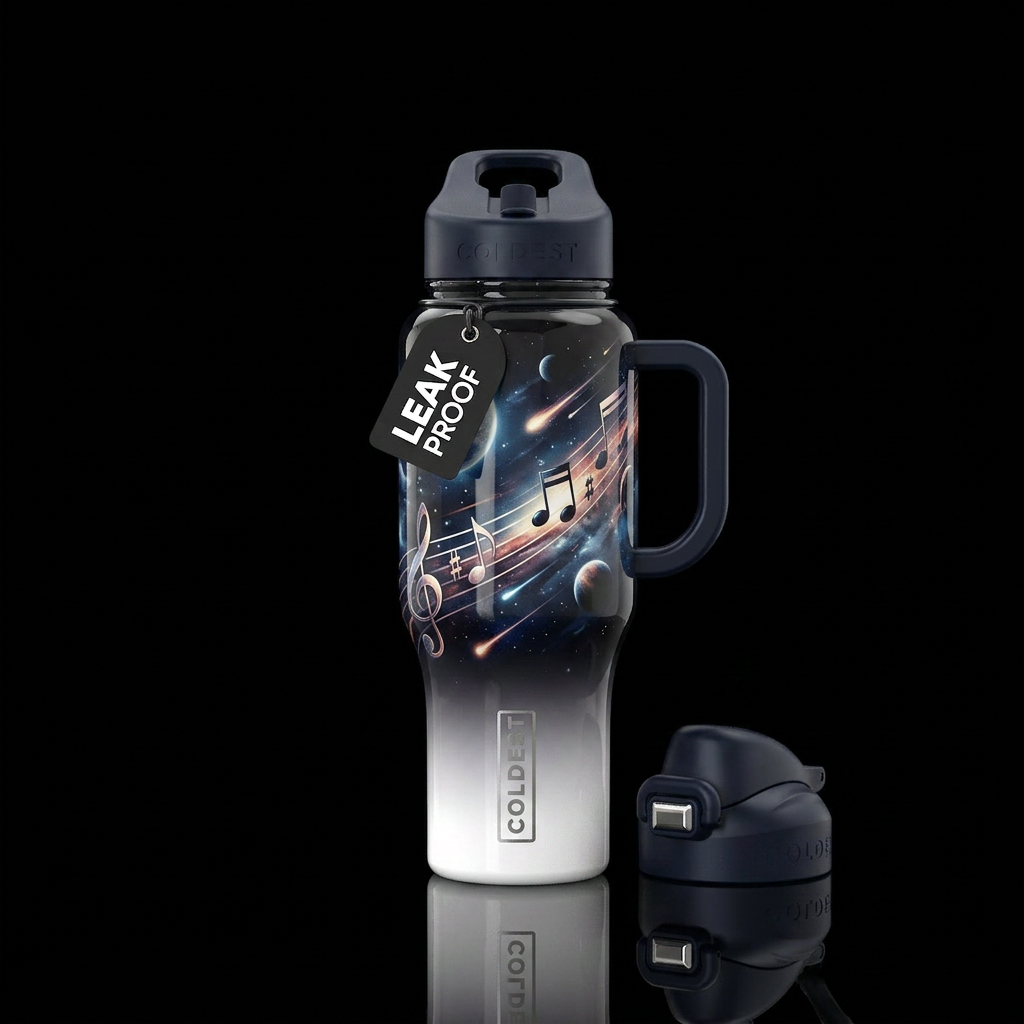 Dramatic music notes moving at high speed through ... water bottle design