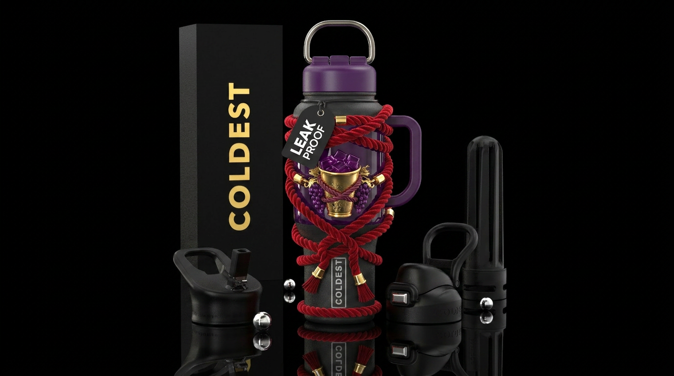 Red vip entrance rope wrapped around the grape jel... water bottle design