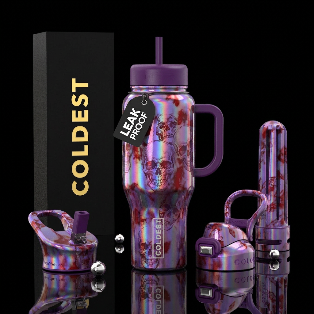 Holographic grape purple with smudges of red, skul... water bottle design