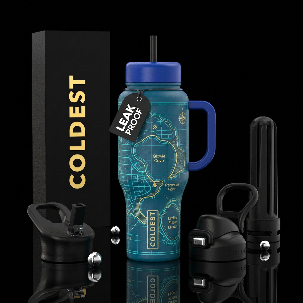 Blueprint of an island with a cove labeled Glowie ... water bottle design