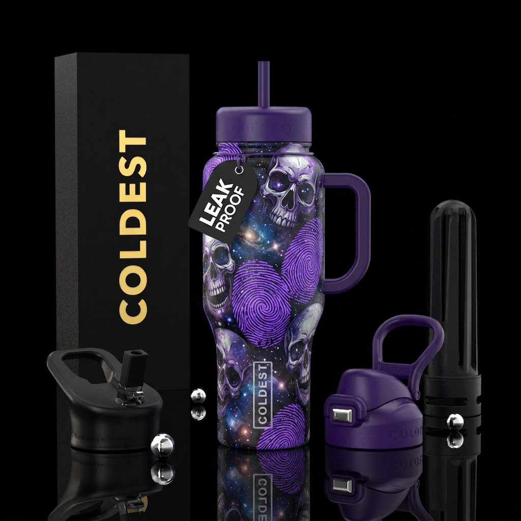 Cosmic, spooky, skulls, purple blacklight fingerpr... water bottle design