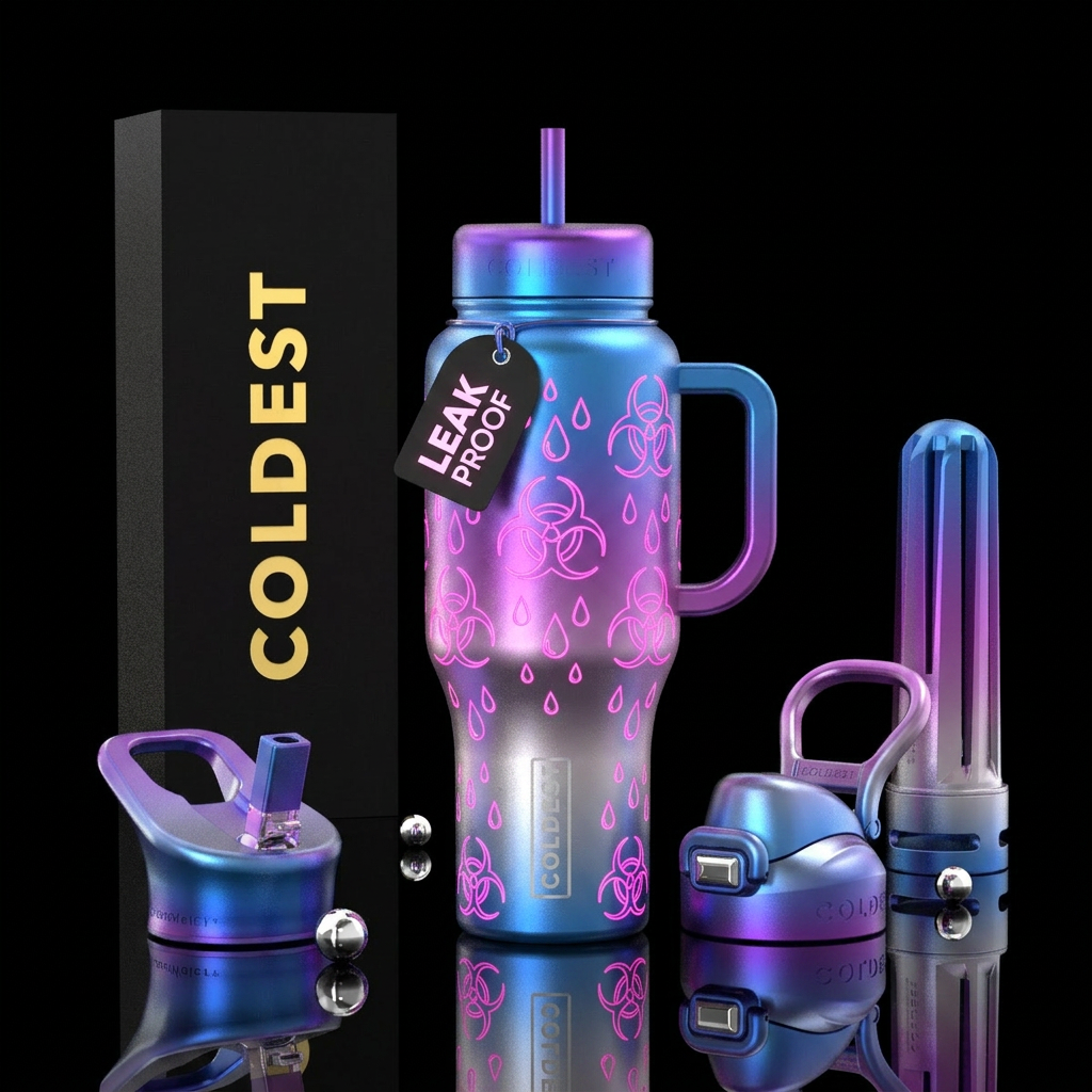 Glowy pink chemical warfare rain on a blue, purple... water bottle design